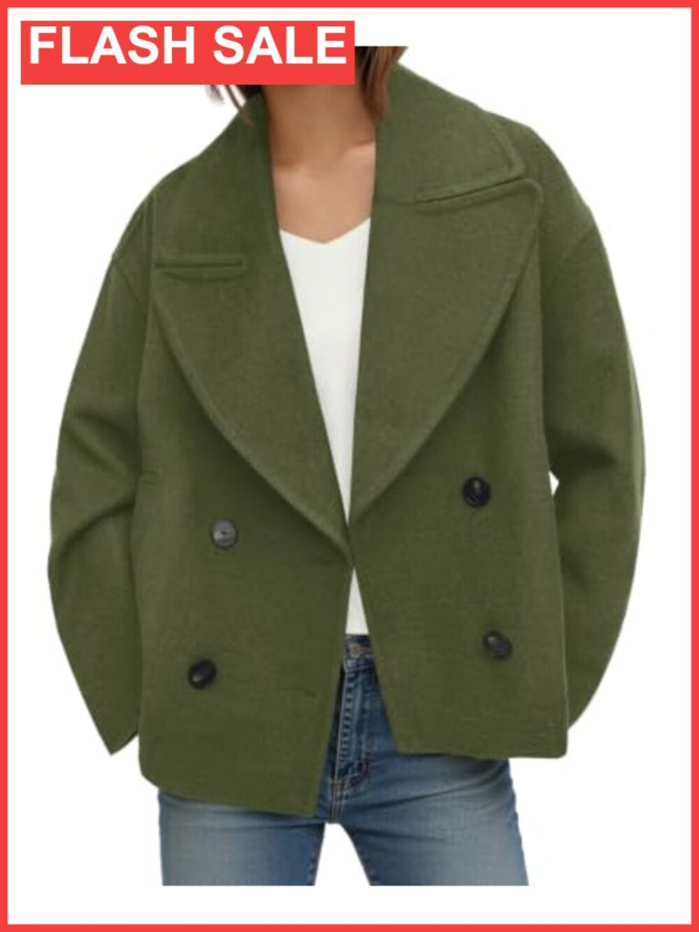 Cropped Wool Blend Pea Coat Notched Lapel Double Breasted Overcoat